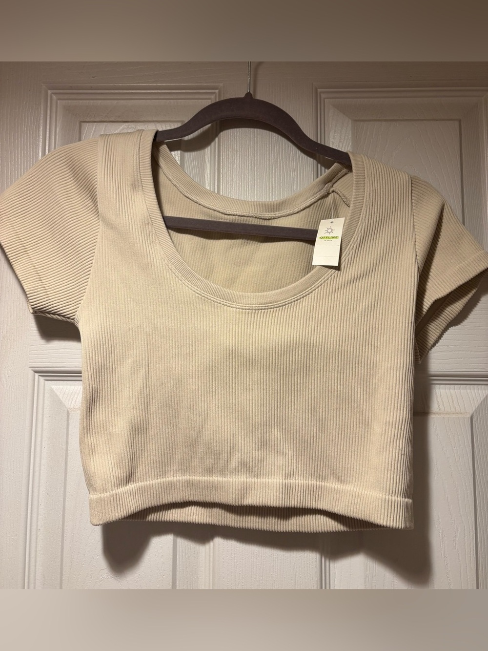 aerie Ribbed Scoop-Neck Cropped Tee - Cream